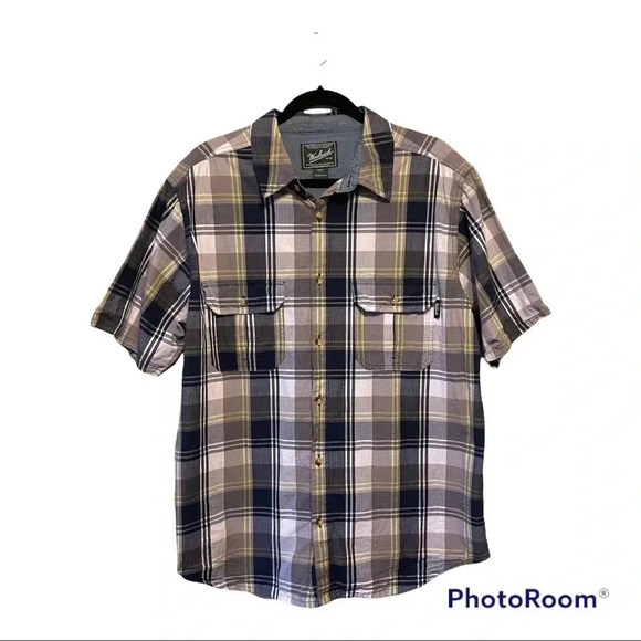 WOOLRICH Blue, Gray & Yellow Plaid Short Sleeve Button Front Shirt sz L - Picture 1 of 5